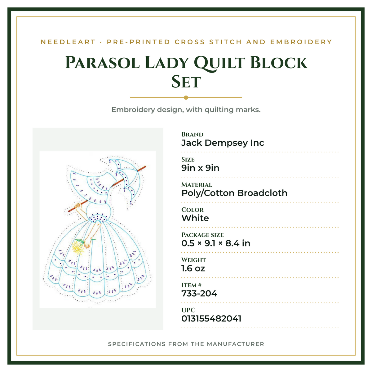 Product Specifications – Parasol Lady Quilt Block Set