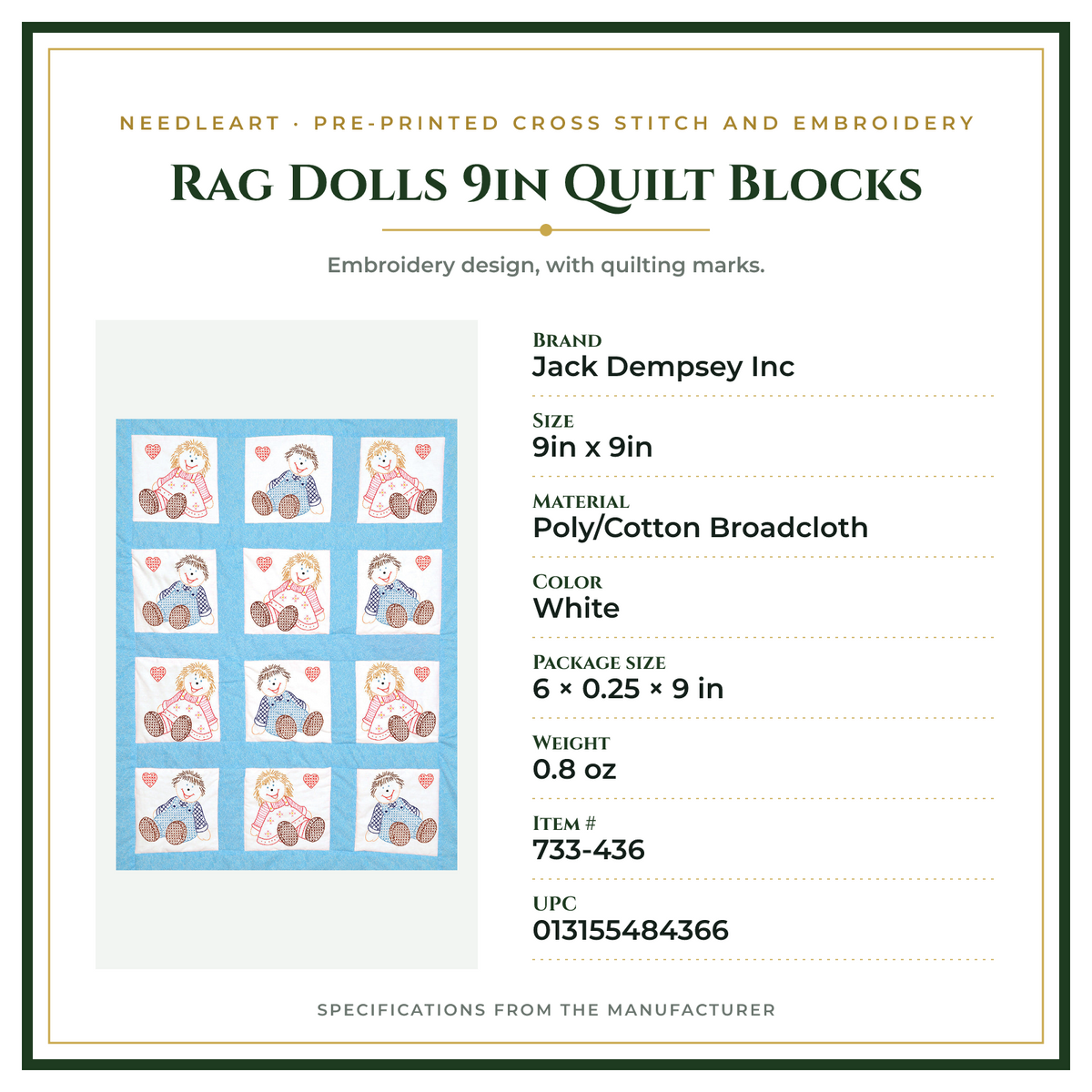 Product Specifications – Rag Dolls 9in Quilt Blocks