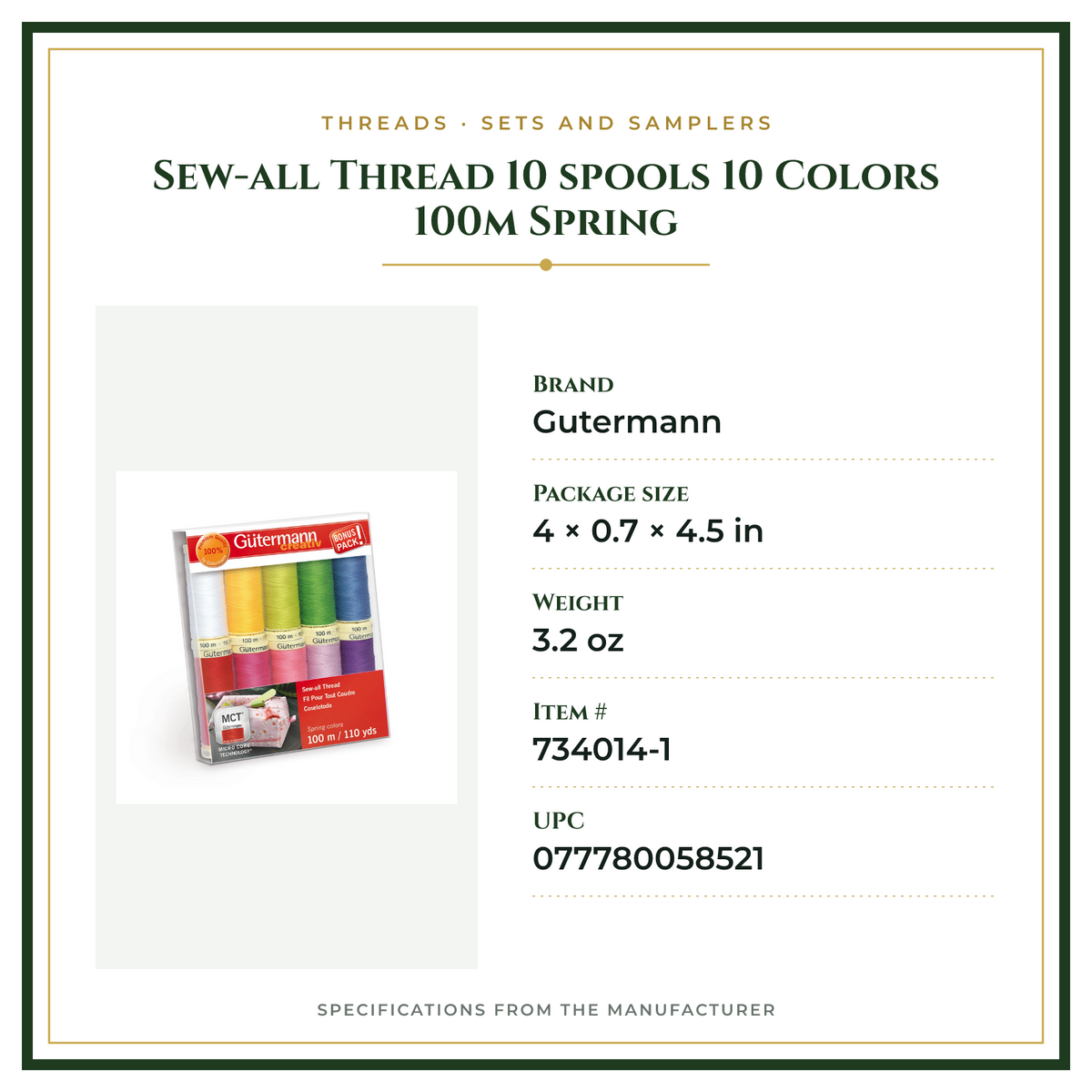 Product Specifications – Sew-all Thread 10 spools 10 Colors 100m Spring