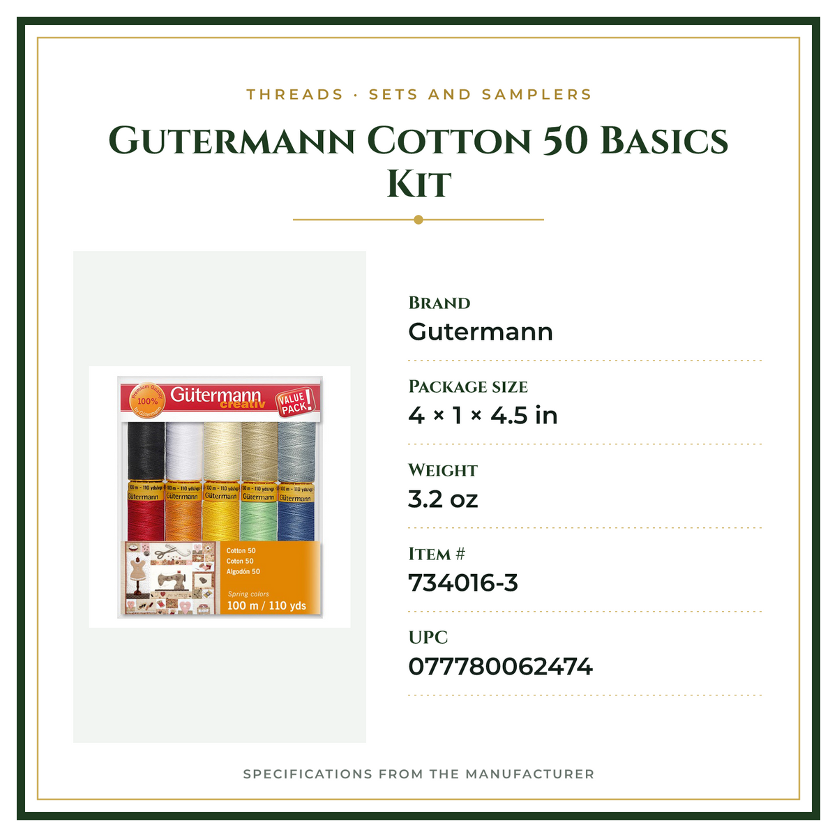 Product Specifications – Gutermann Cotton 50 Basics Kit