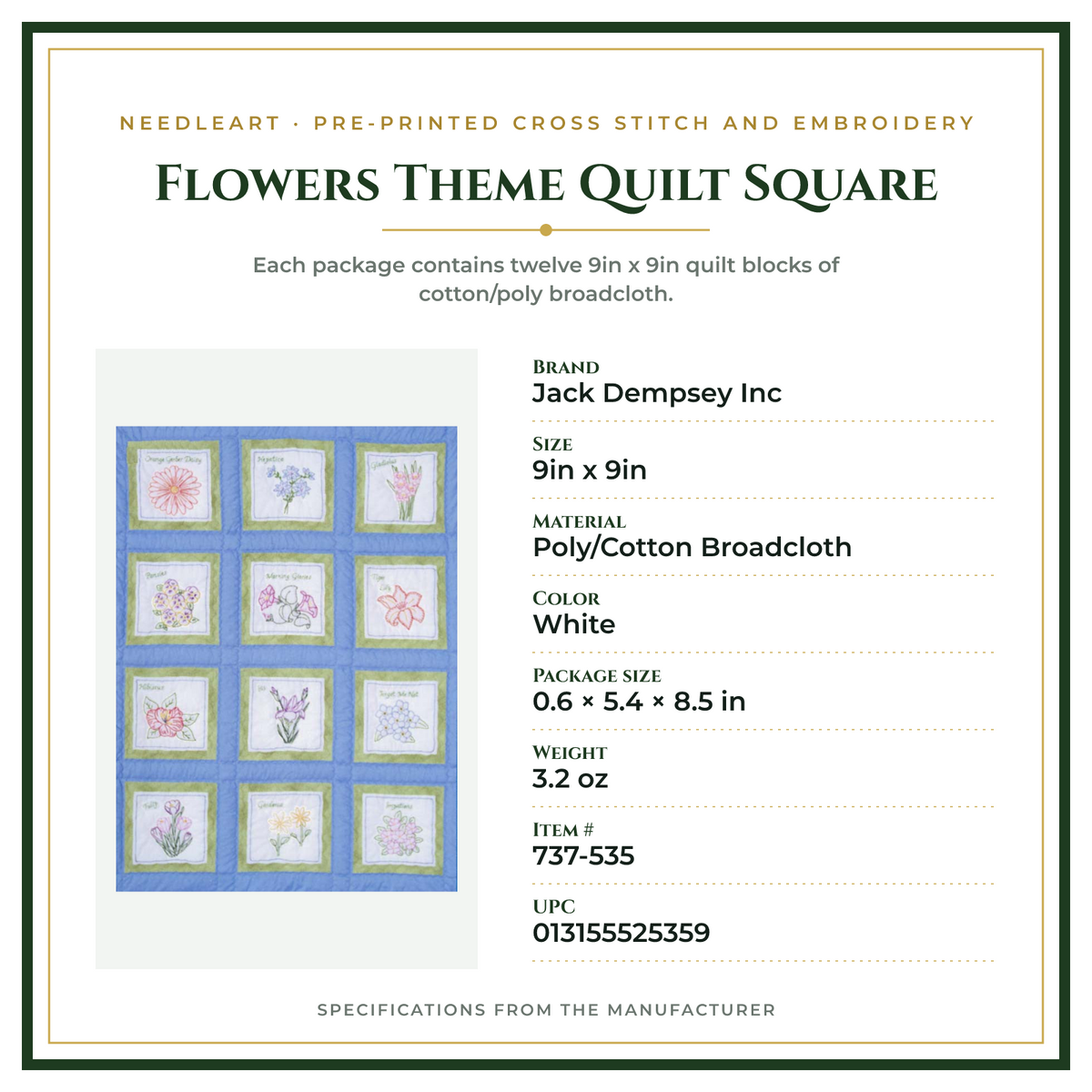 Product Specifications – Flowers Theme Quilt Square