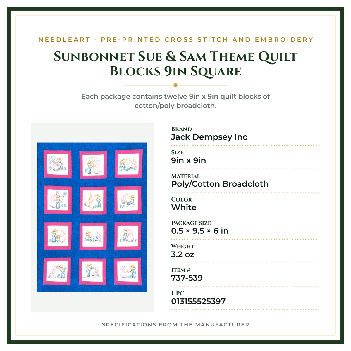 Product Specifications – Sunbonnet Sue & Sam Theme Quilt Blocks 9in Square