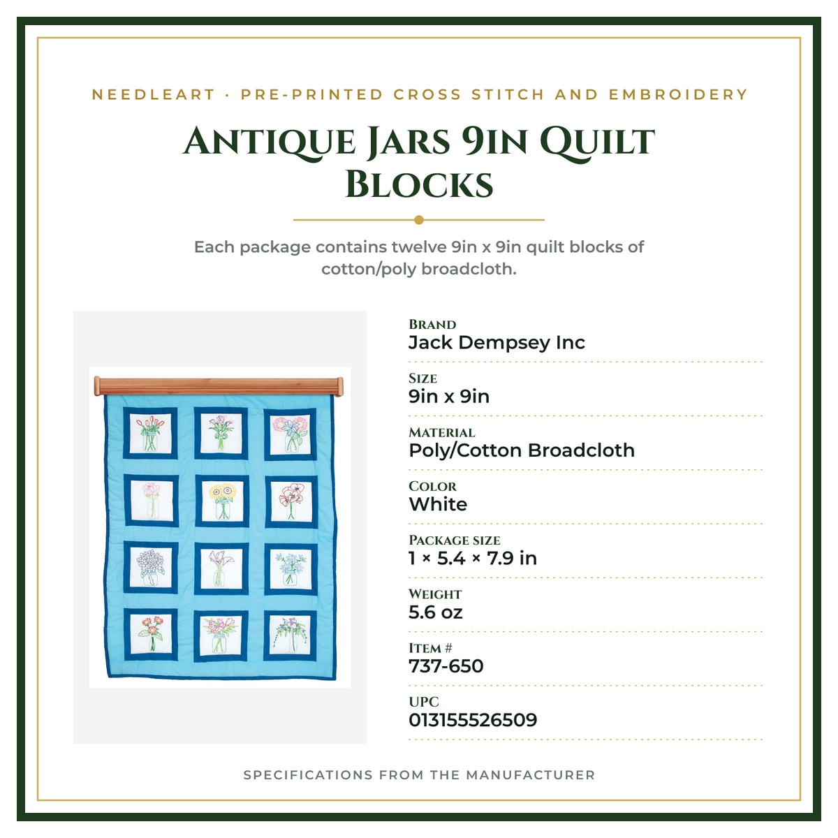 Product Specifications – Antique Jars 9in Quilt Blocks