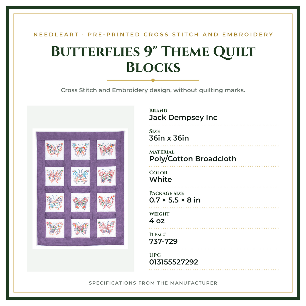 Product Specifications – Butterflies 9" Theme Quilt Blocks