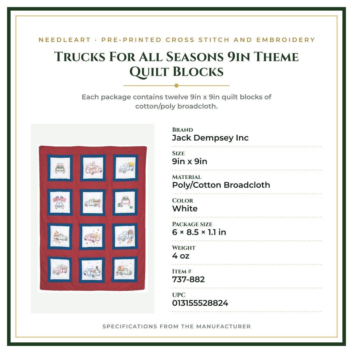 Product Specifications – Trucks For All Seasons 9in Theme Quilt Blocks