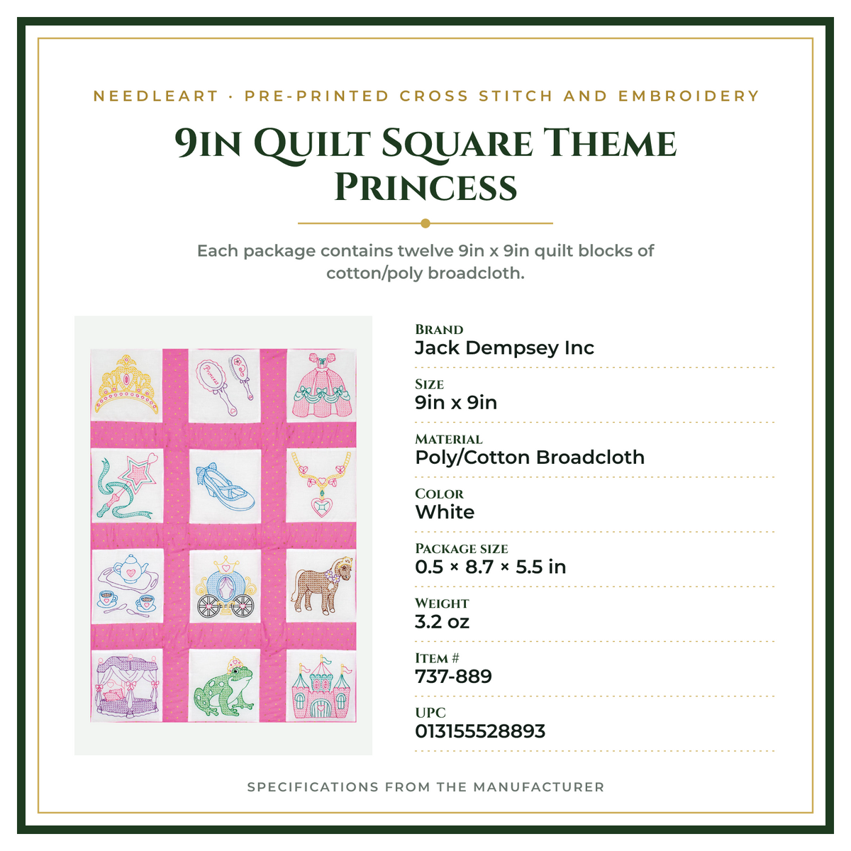 Product Specifications – 9in Quilt Square Theme Princess