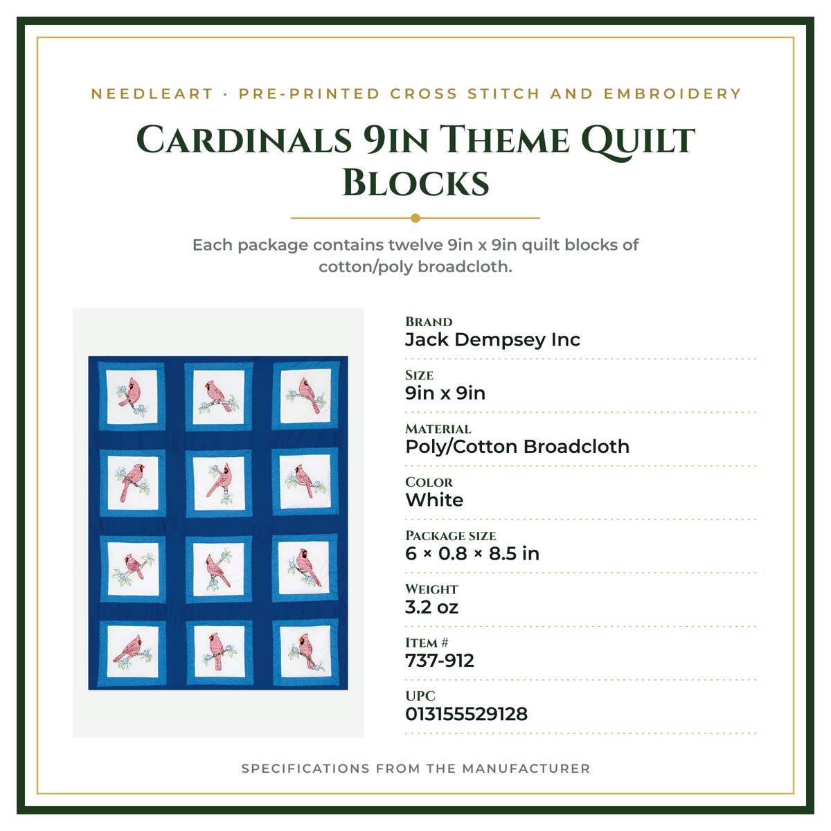 Product Specifications – Cardinals 9in  Theme Quilt Blocks