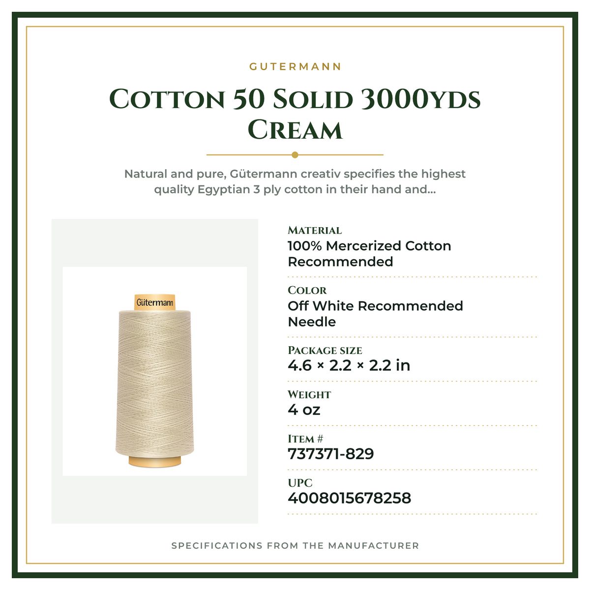 Product Specifications – Cotton 50 Solid 3000yds Cream