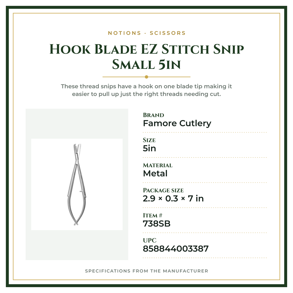 Product Specifications – Hook Blade EZ Stitch Snip Small 5in