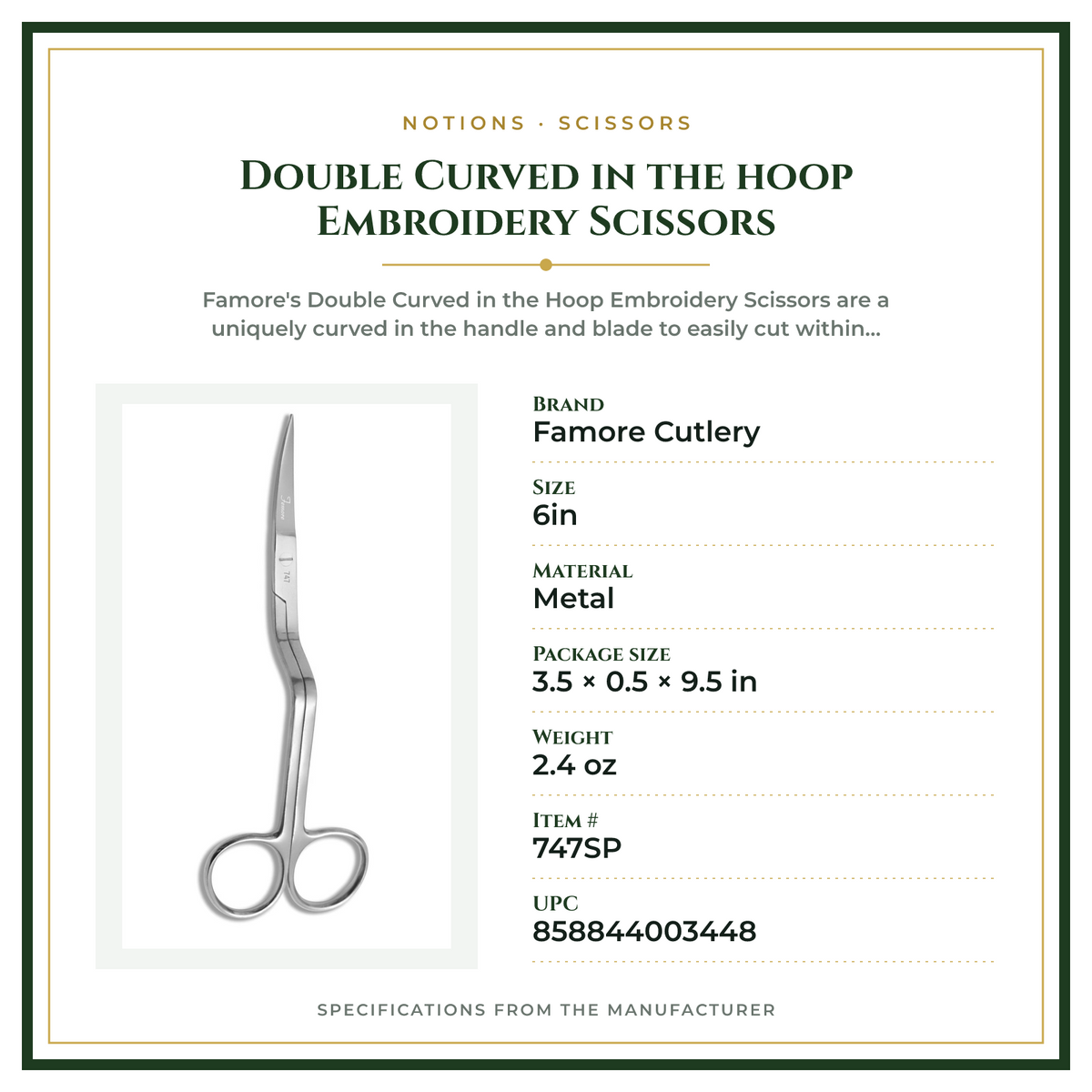 Product Specifications – Double Curved in the hoop Embroidery Scissors