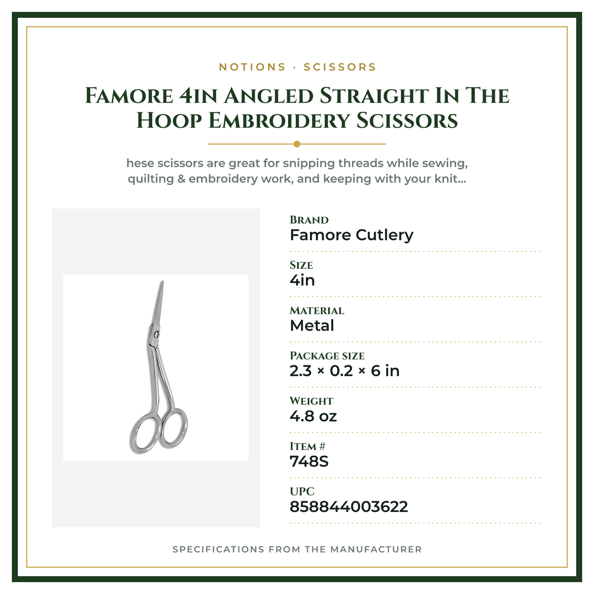 Product Specifications – Famore 4in Angled Straight In The Hoop Embroidery Scissors