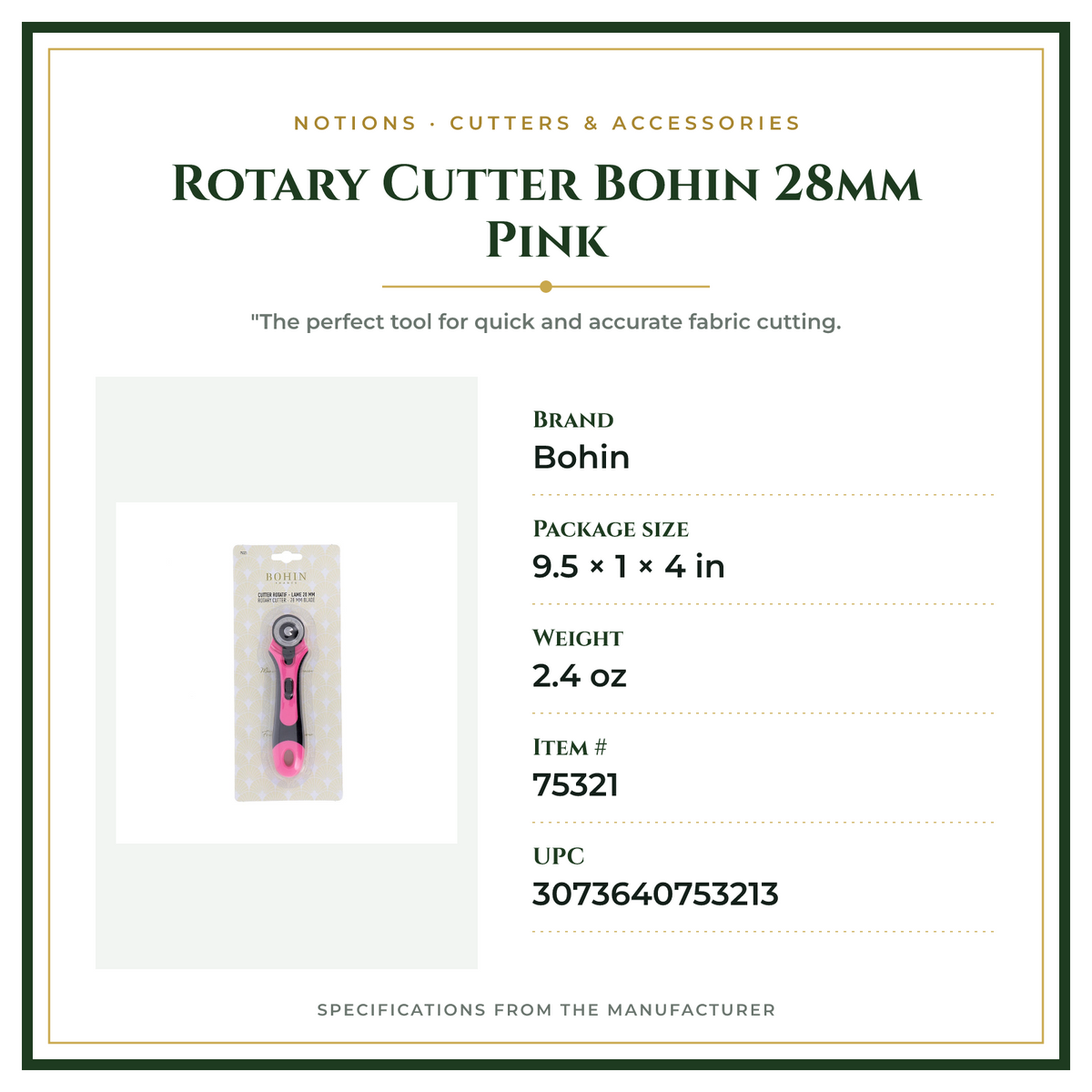 Product Specifications – Rotary Cutter Bohin 28mm Pink