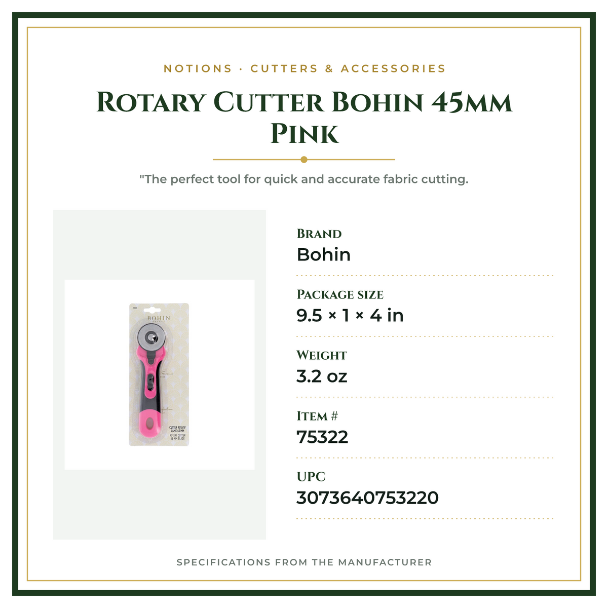 Product Specifications – Rotary Cutter Bohin 45mm Pink