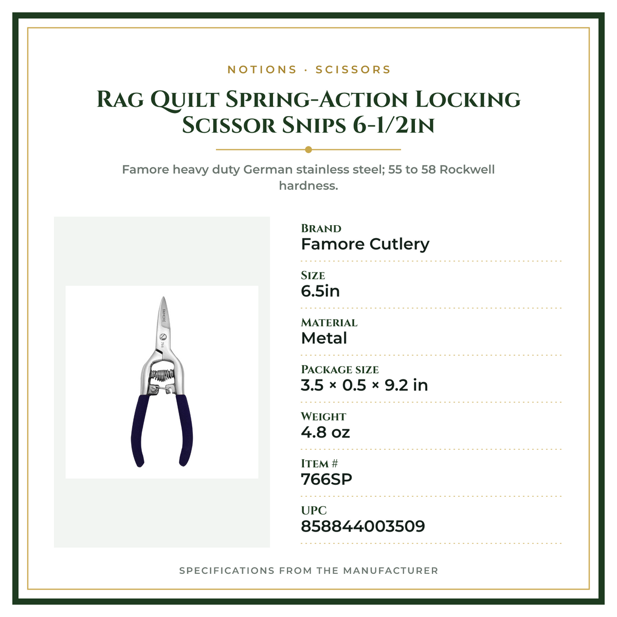 Product Specifications – Rag Quilt Spring-Action Locking Scissor Snips 6-1/2in