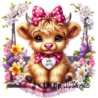 Springtime Highland Cows Fabric Panel 11