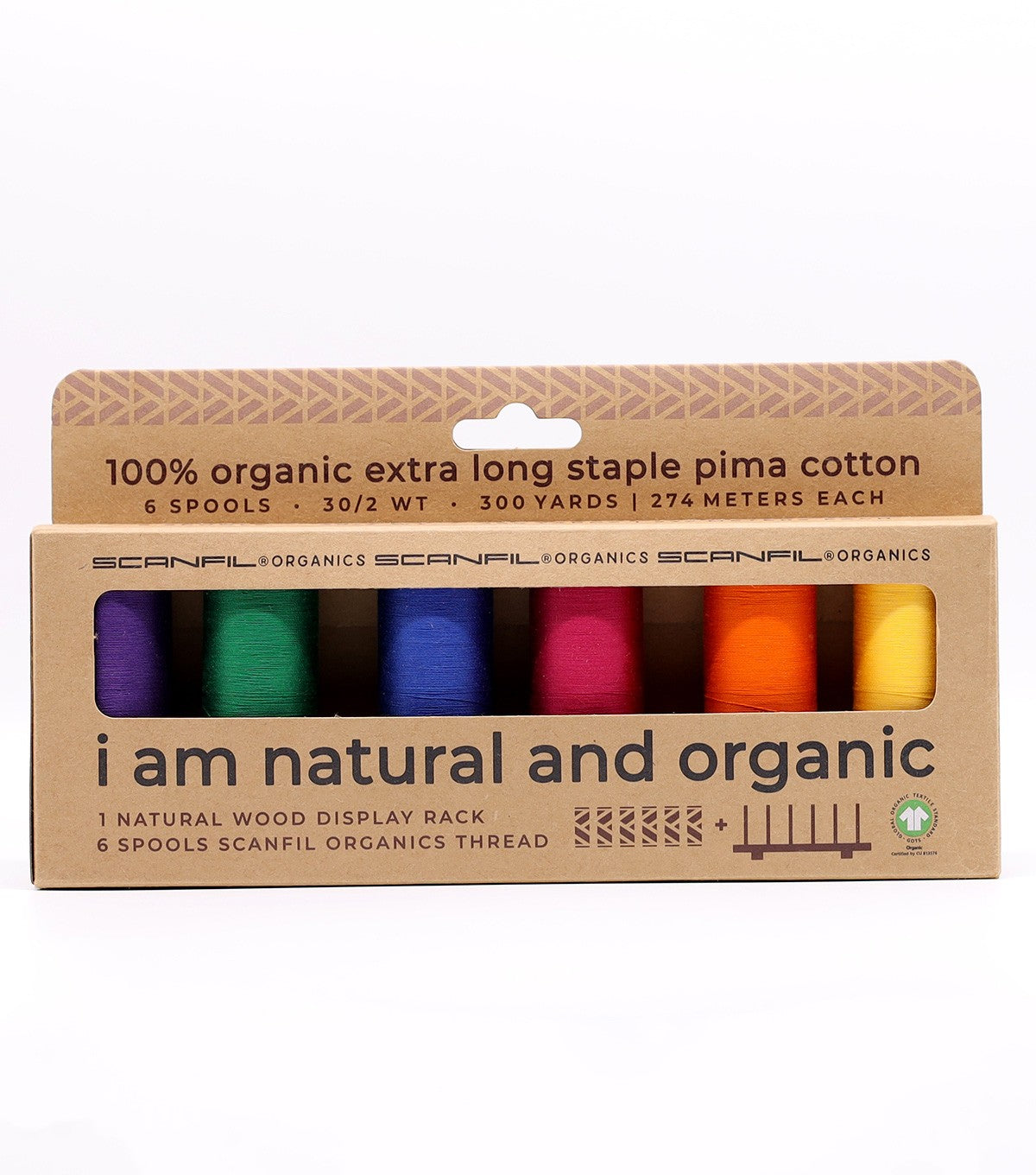 Scanfil Organic Cotton 30wt 6 Spool Thread Set with Rack Jewel Tones