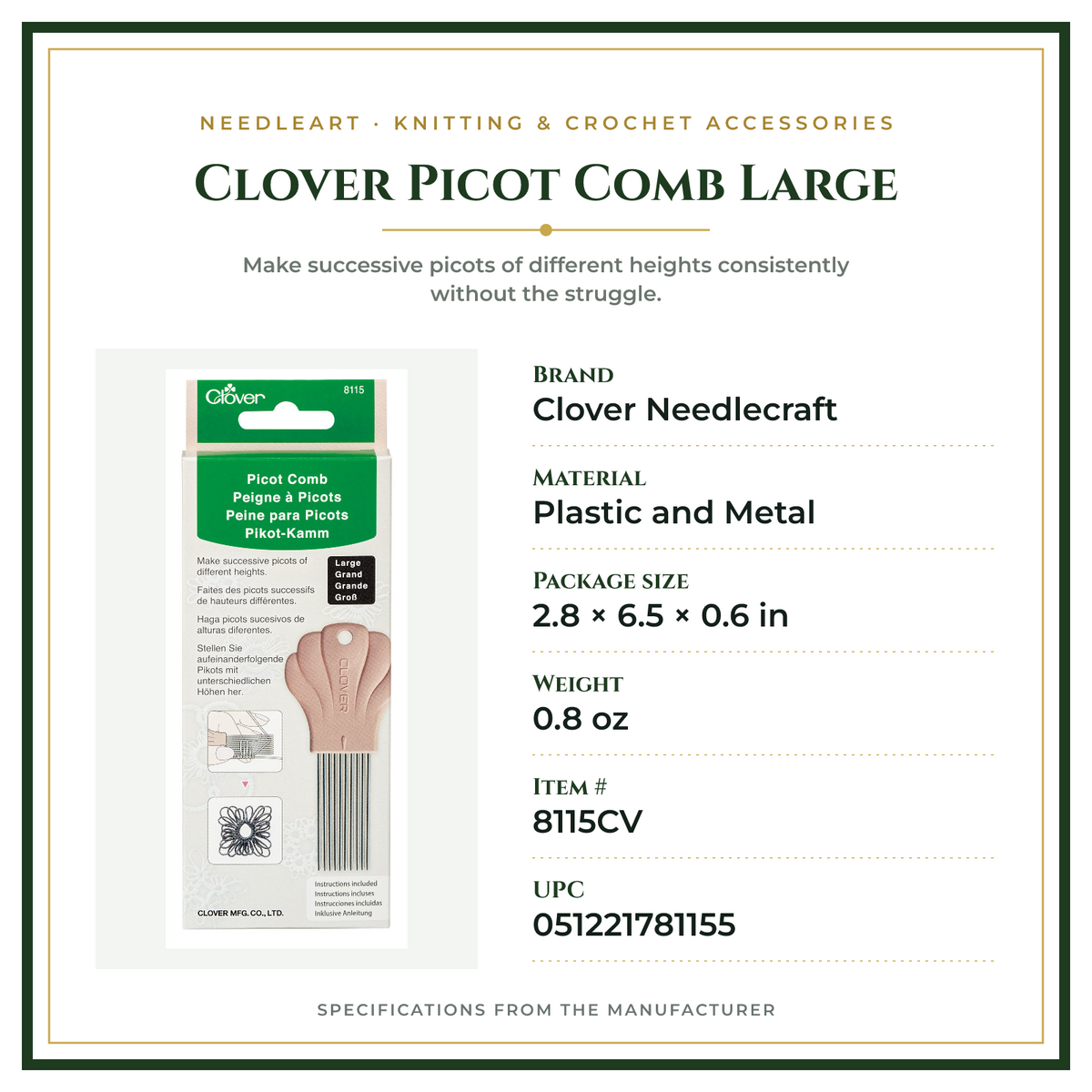 Product Specifications – Clover Picot Comb Large