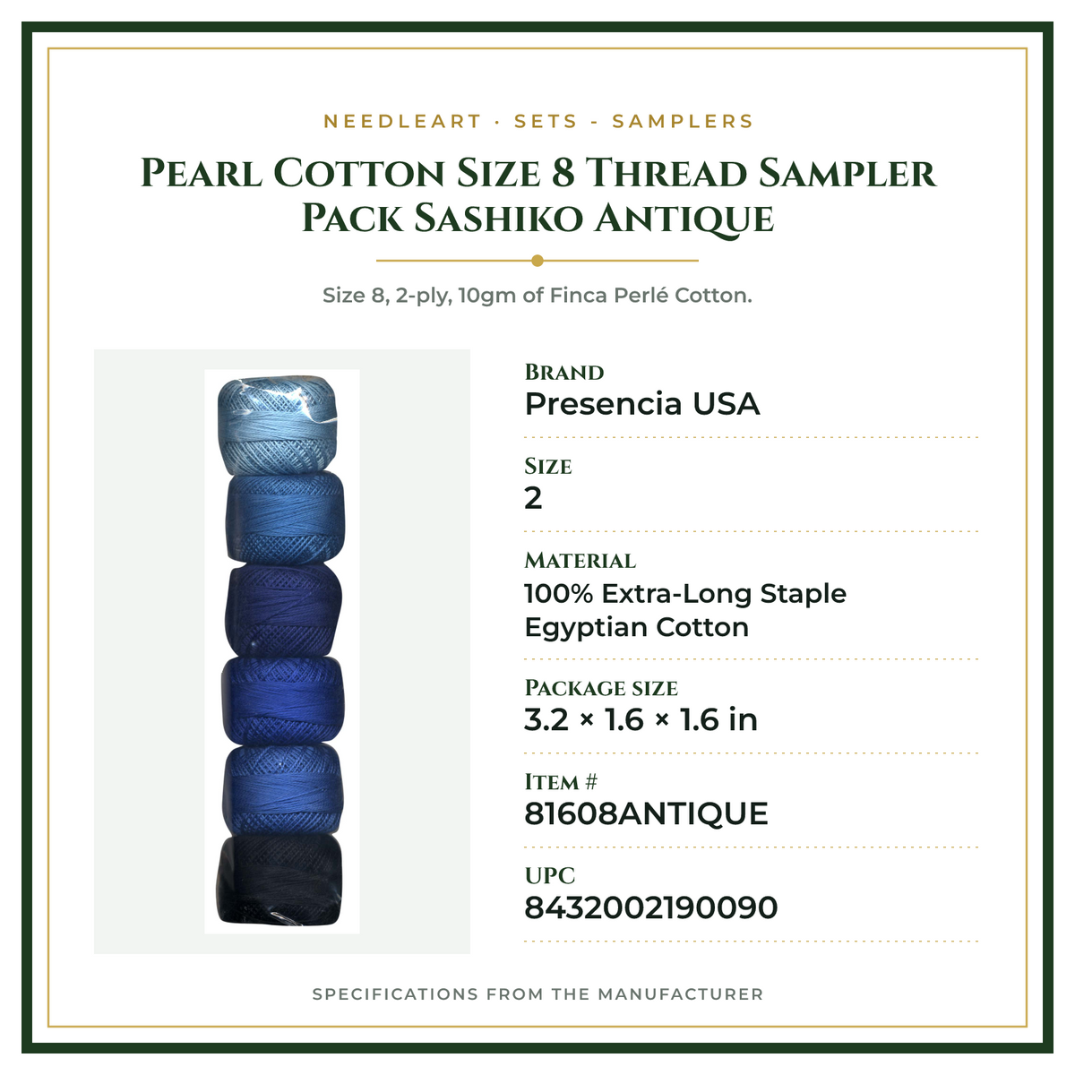 Product Specifications – Pearl Cotton Size 8 Thread Sampler Pack Sashiko Antique