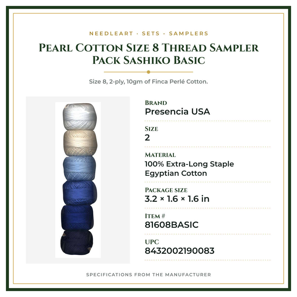 Product Specifications – Pearl Cotton Size 8 Thread Sampler Pack Sashiko Basic