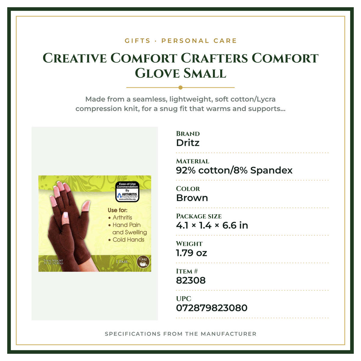 Product Specifications – Creative Comfort Crafters Comfort Glove Small