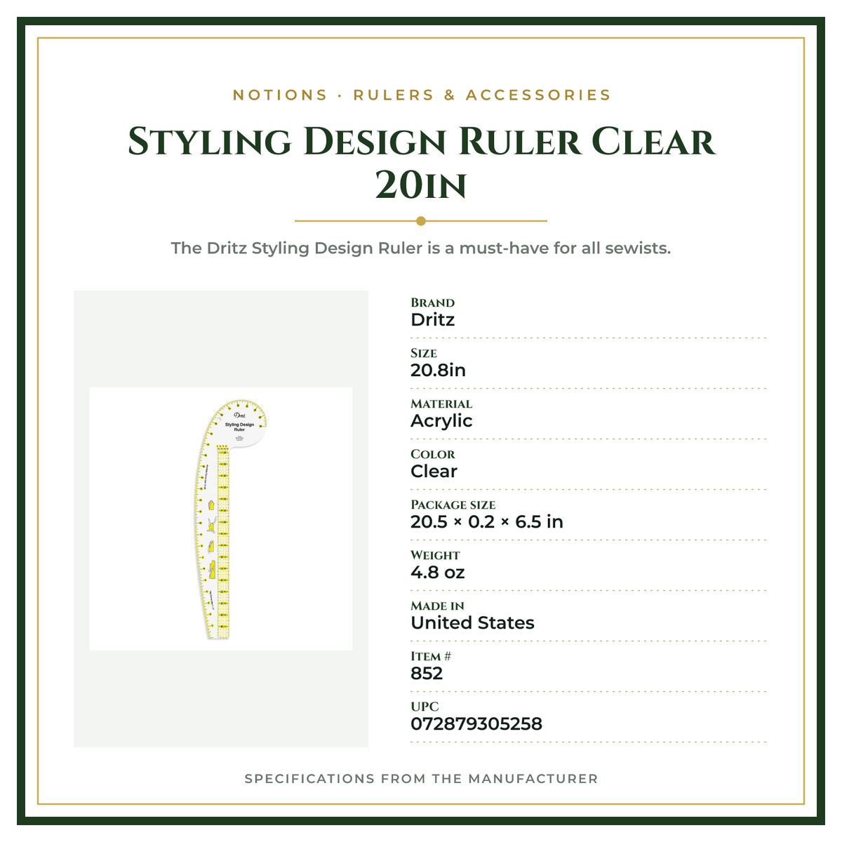 Product Specifications – Styling Design Ruler Clear 20in