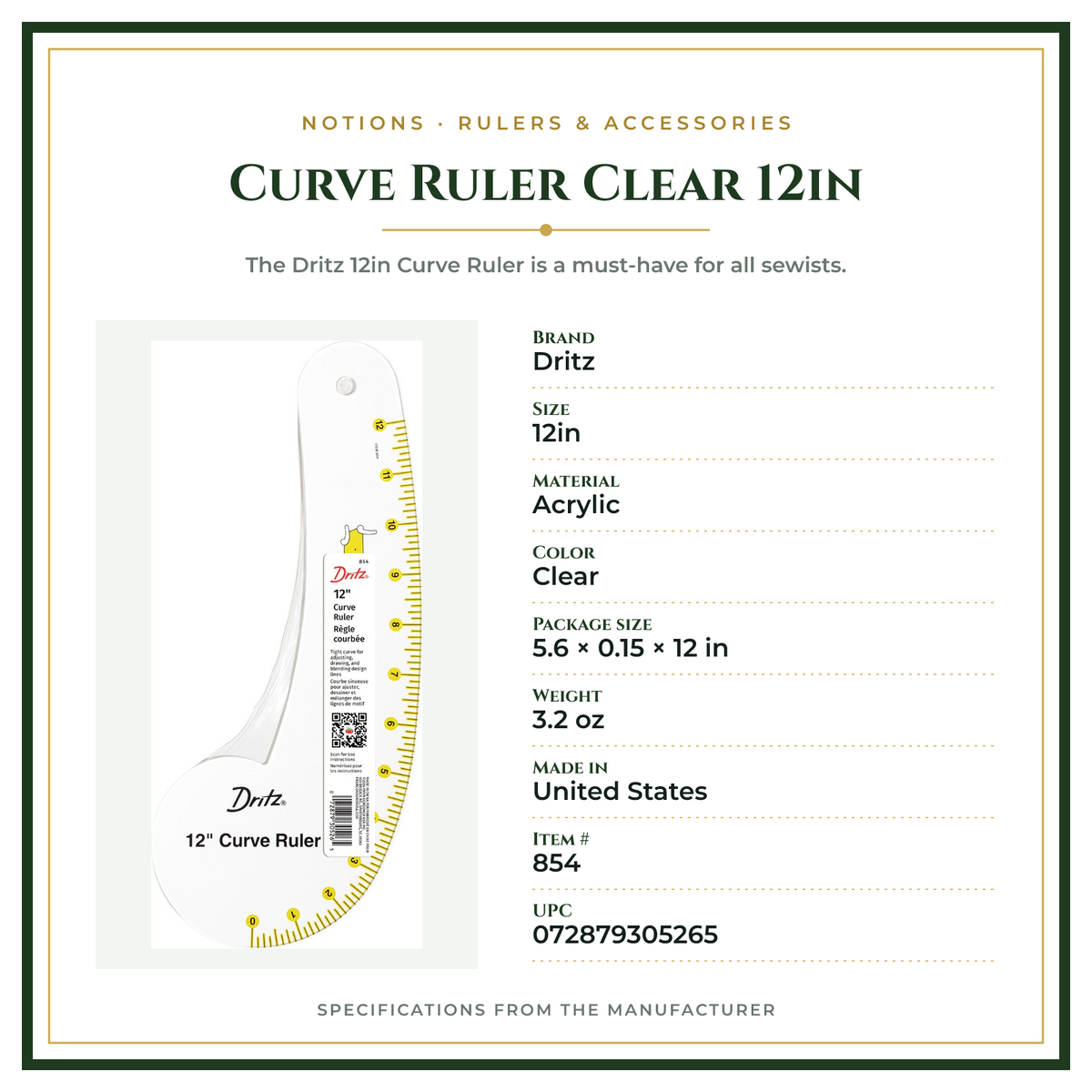 Product Specifications – Curve Ruler Clear 12in
