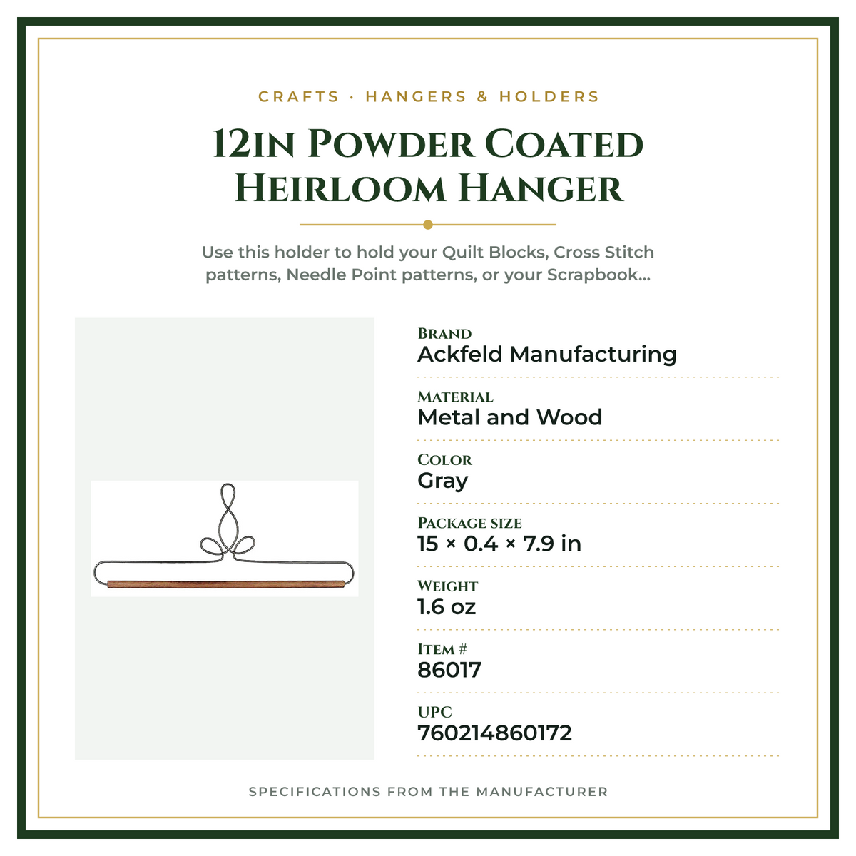 Product Specifications – 12in Powder Coated Heirloom Hanger