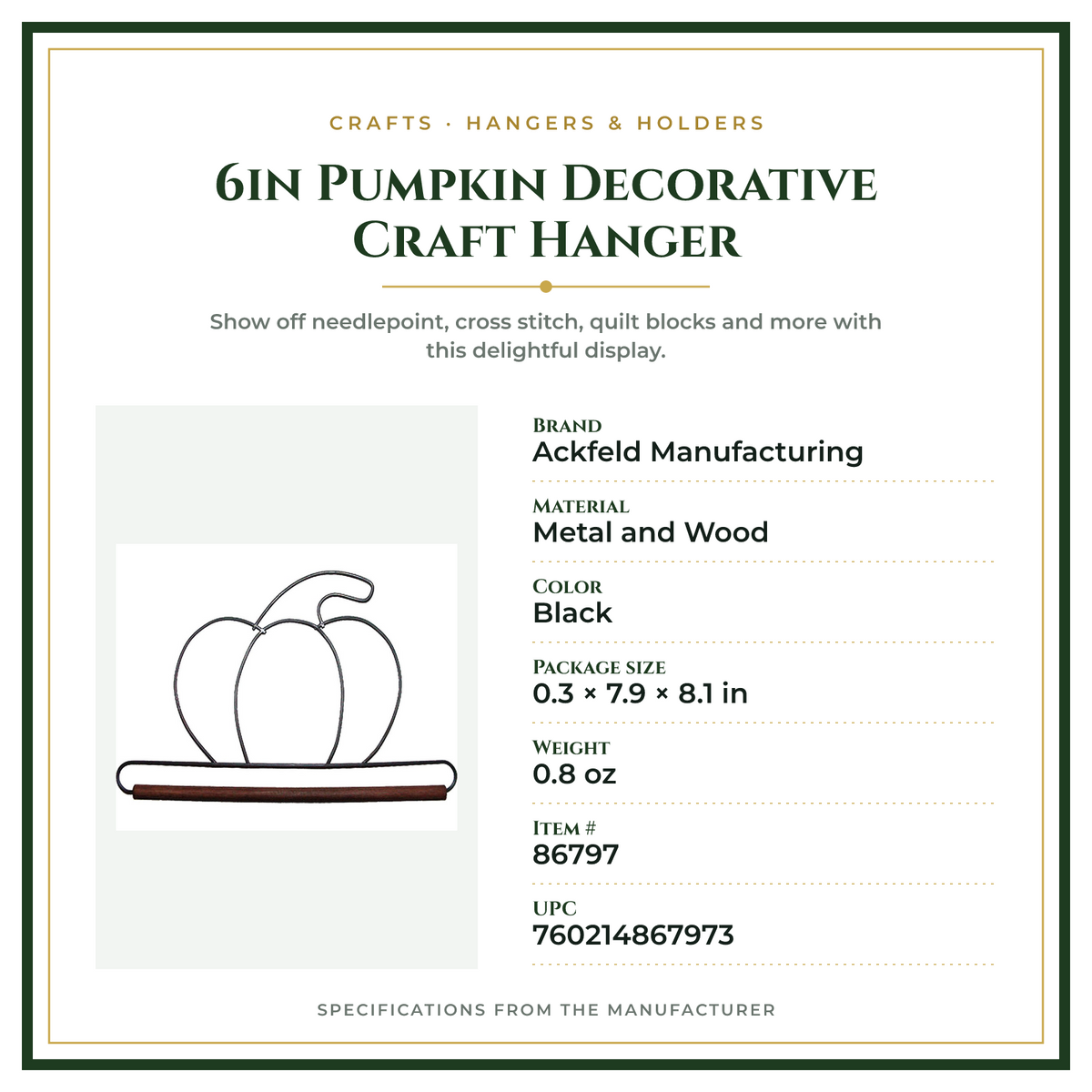 Product Specifications – 6in Pumpkin Decorative Craft Hanger
