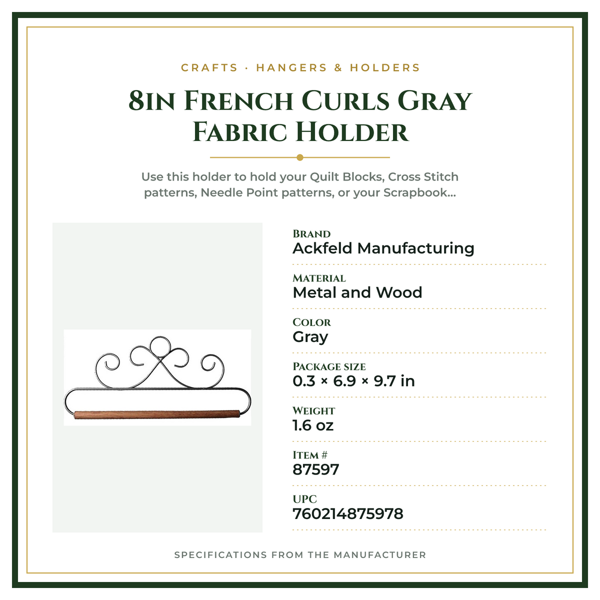 Product Specifications – 8in French Curls Gray Fabric Holder