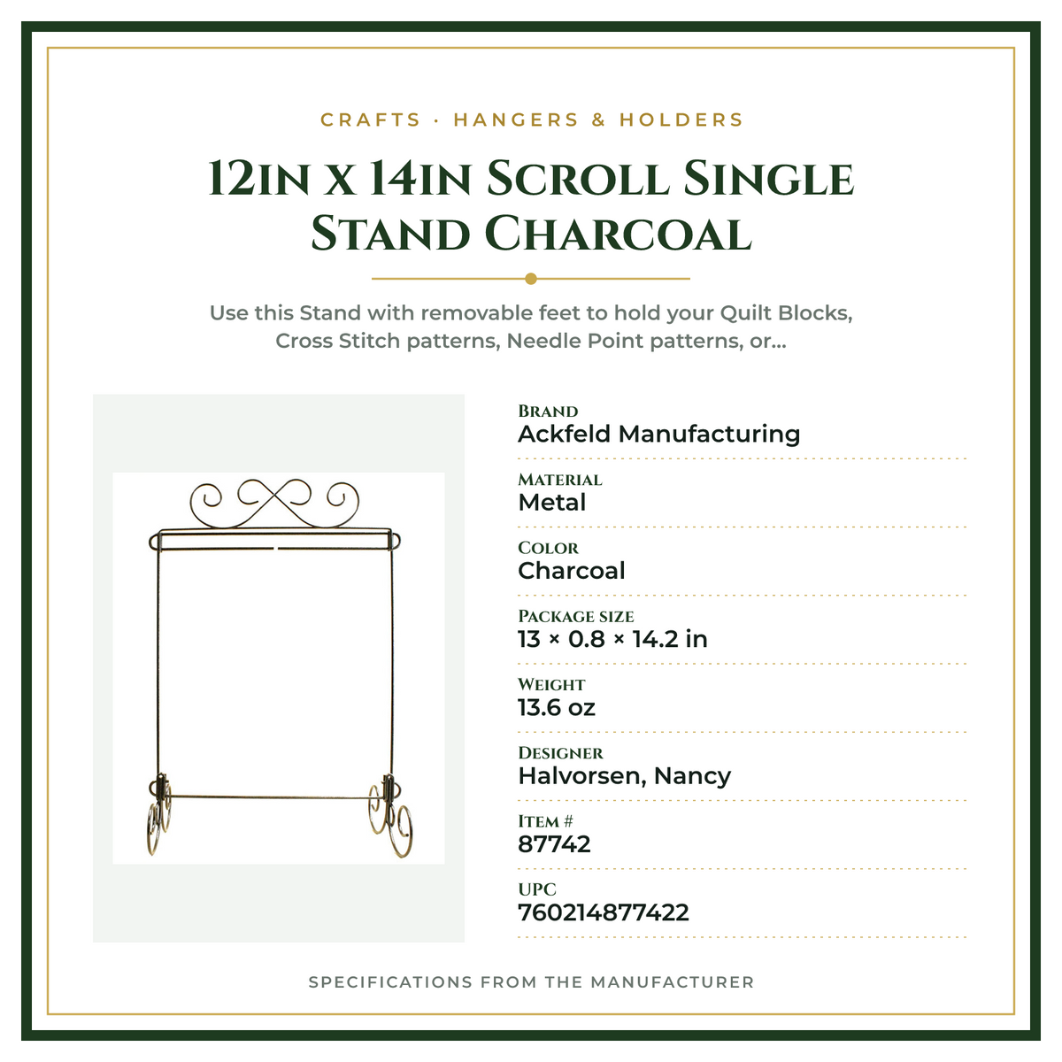 Product Specifications – 12in x 14in Scroll Single Stand Charcoal