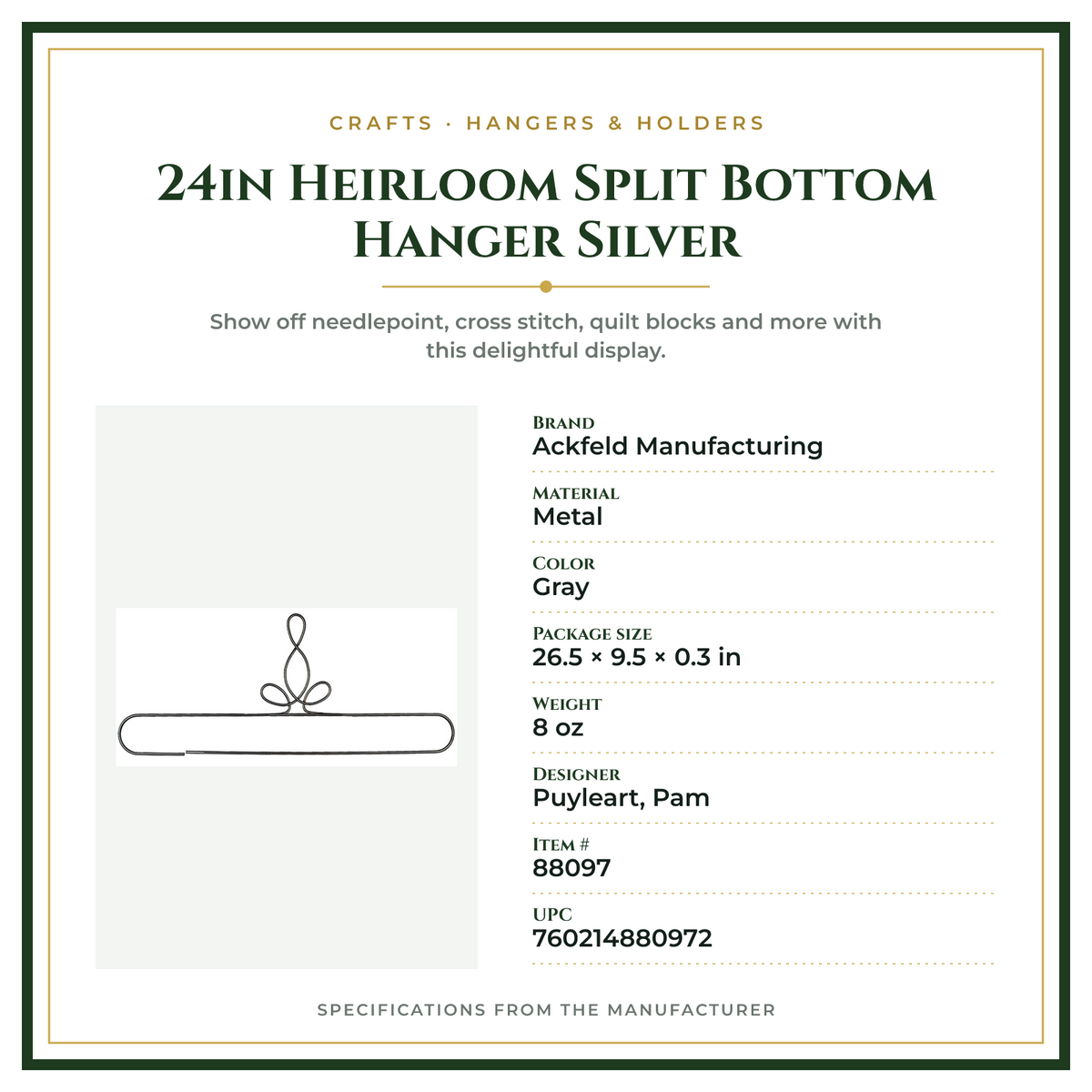 Product Specifications – 24in Heirloom Split Bottom Hanger Silver
