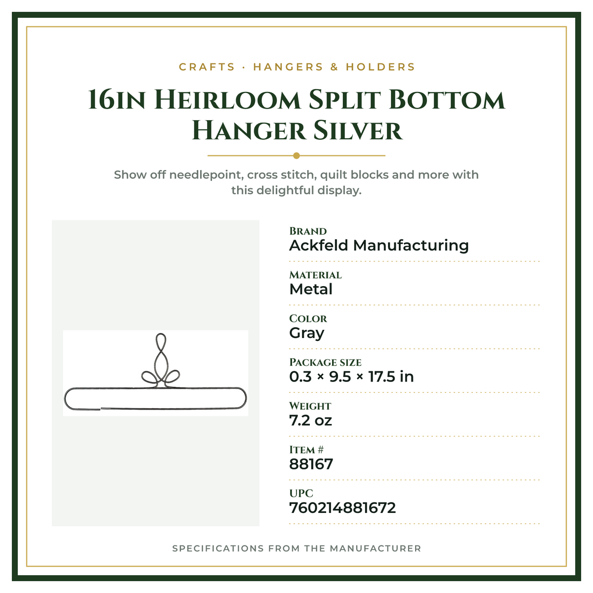 Product Specifications – 16in Heirloom Split Bottom Hanger Silver