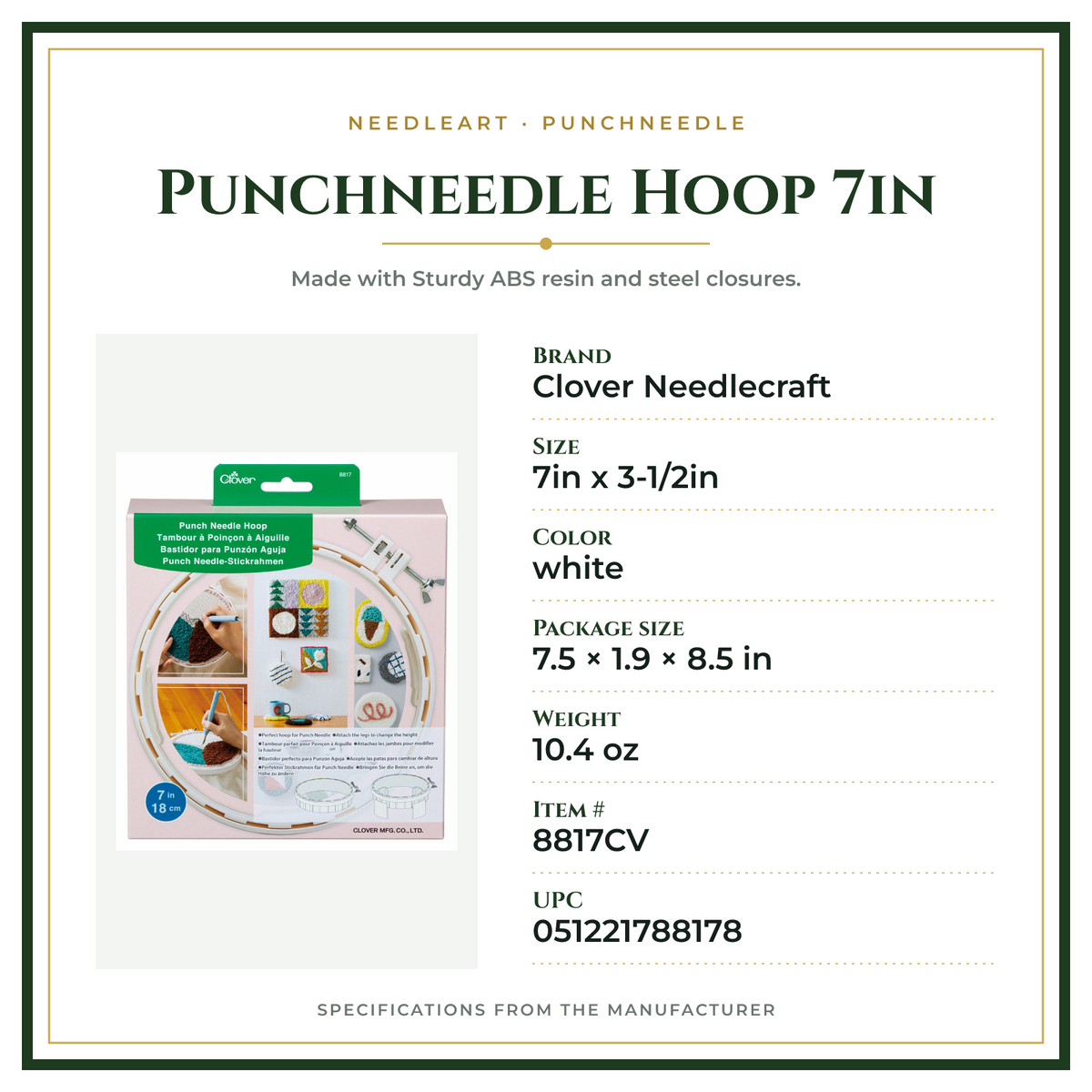 Product Specifications – Punchneedle Hoop 7in