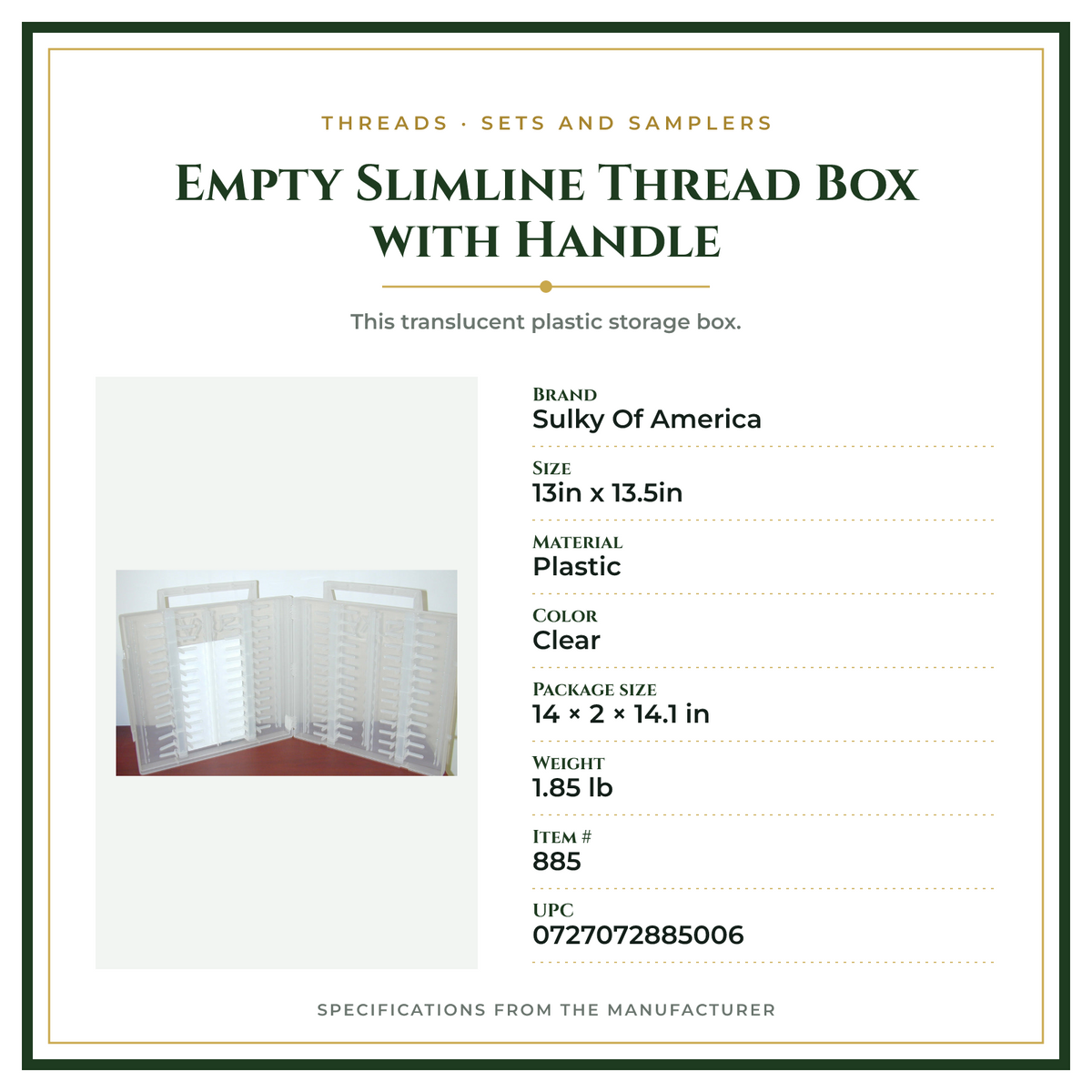 Product Specifications – Empty Slimline Thread Box with Handle