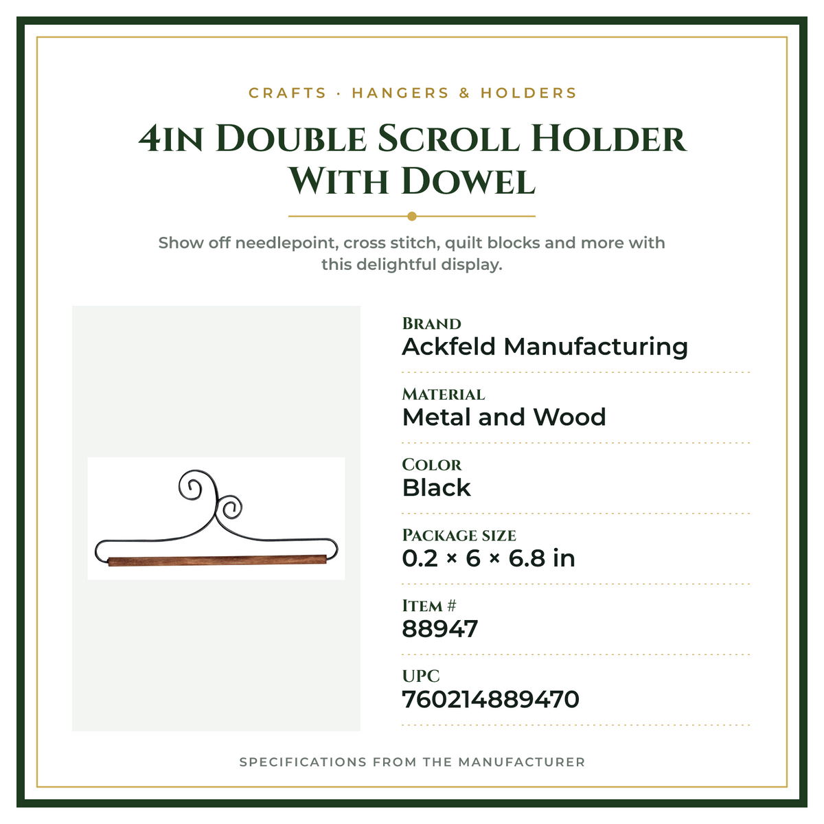Product Specifications – 4in Double Scroll Holder With Dowel