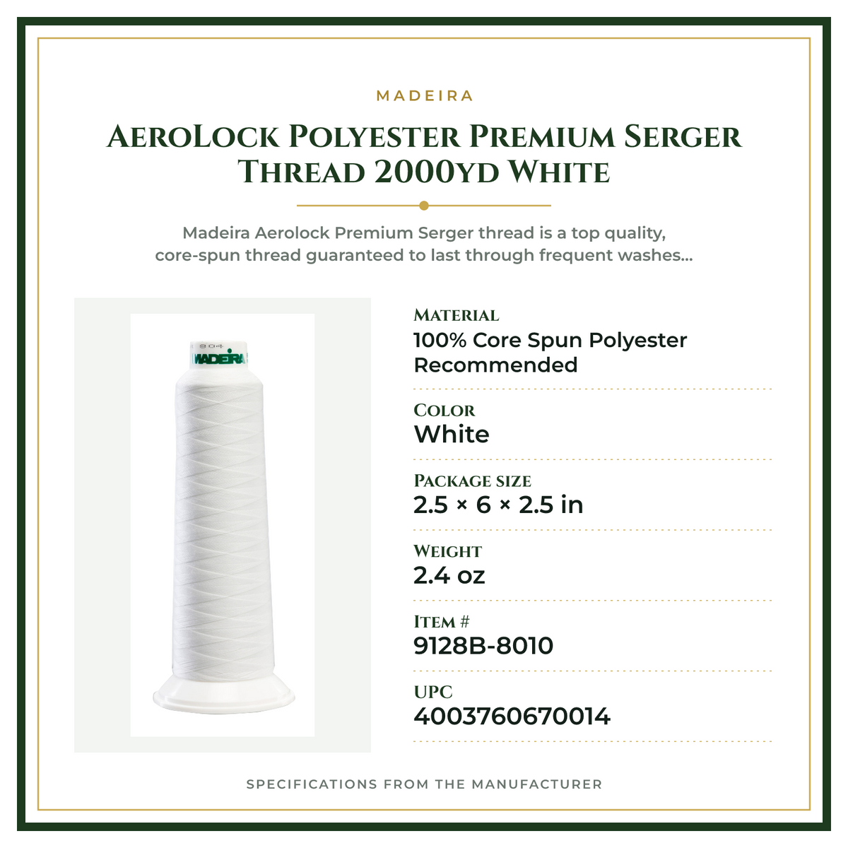 Product Specifications – AeroLock Polyester Premium Serger Thread 2000yd White