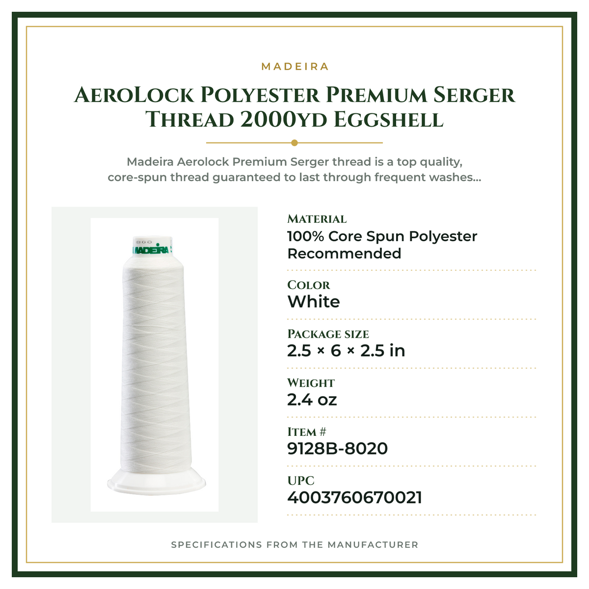 Product Specifications – AeroLock Polyester Premium Serger Thread 2000yd Eggshell