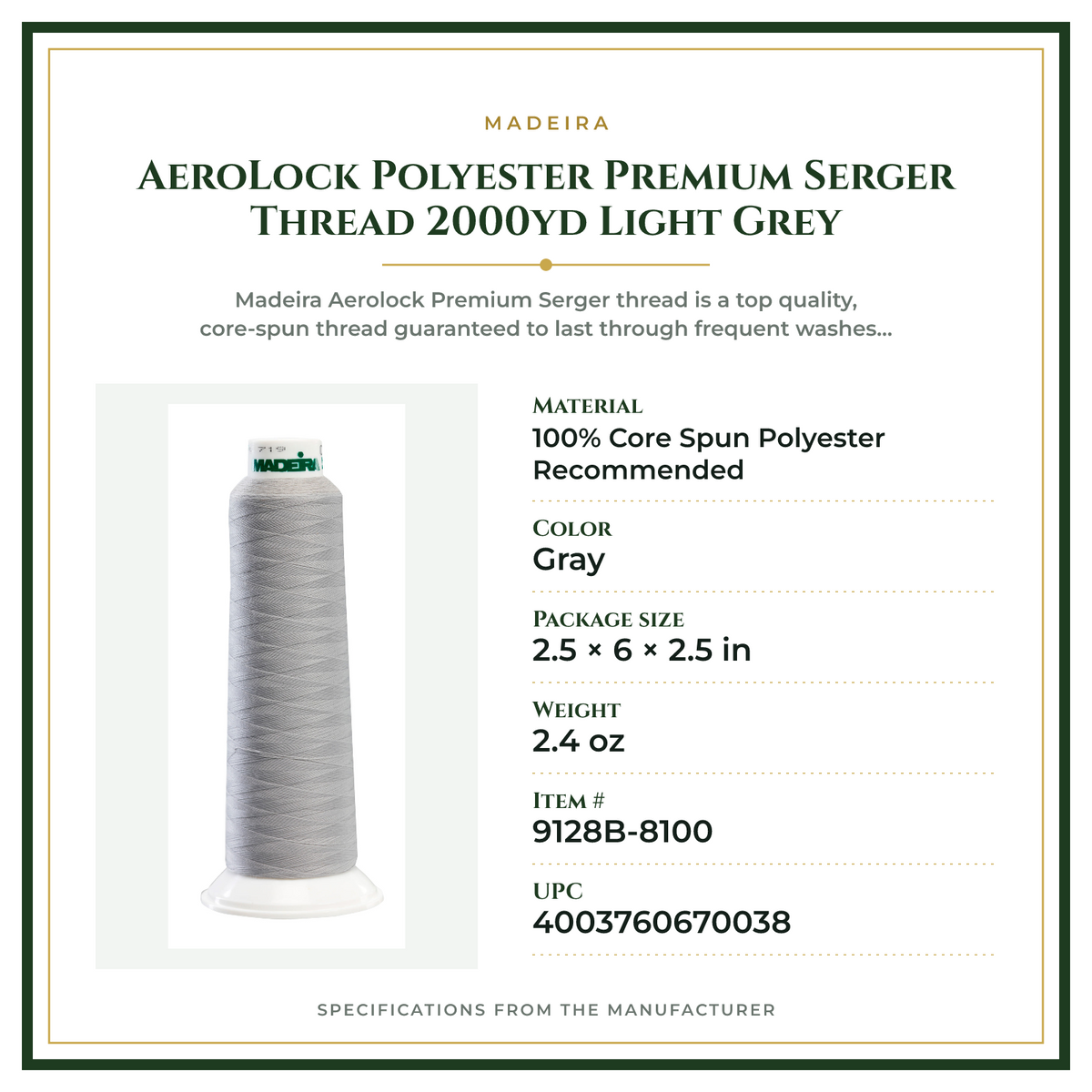 Product Specifications – AeroLock Polyester Premium Serger Thread 2000yd Light Grey