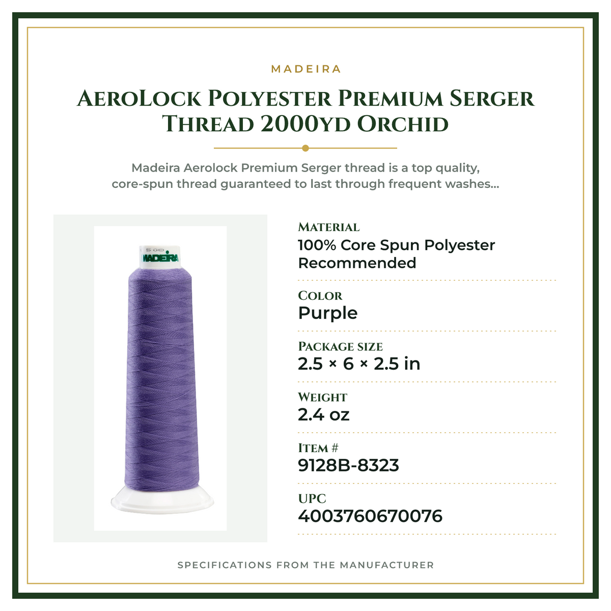 Product Specifications – AeroLock Polyester Premium Serger Thread 2000yd Orchid