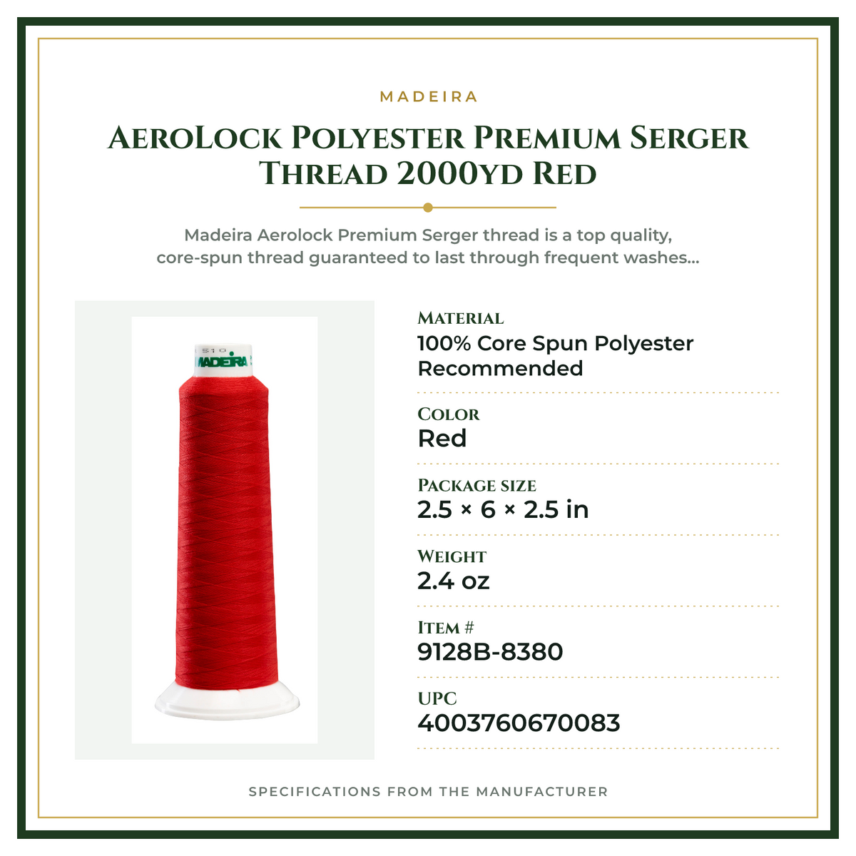 Product Specifications – AeroLock Polyester Premium Serger Thread 2000yd Red
