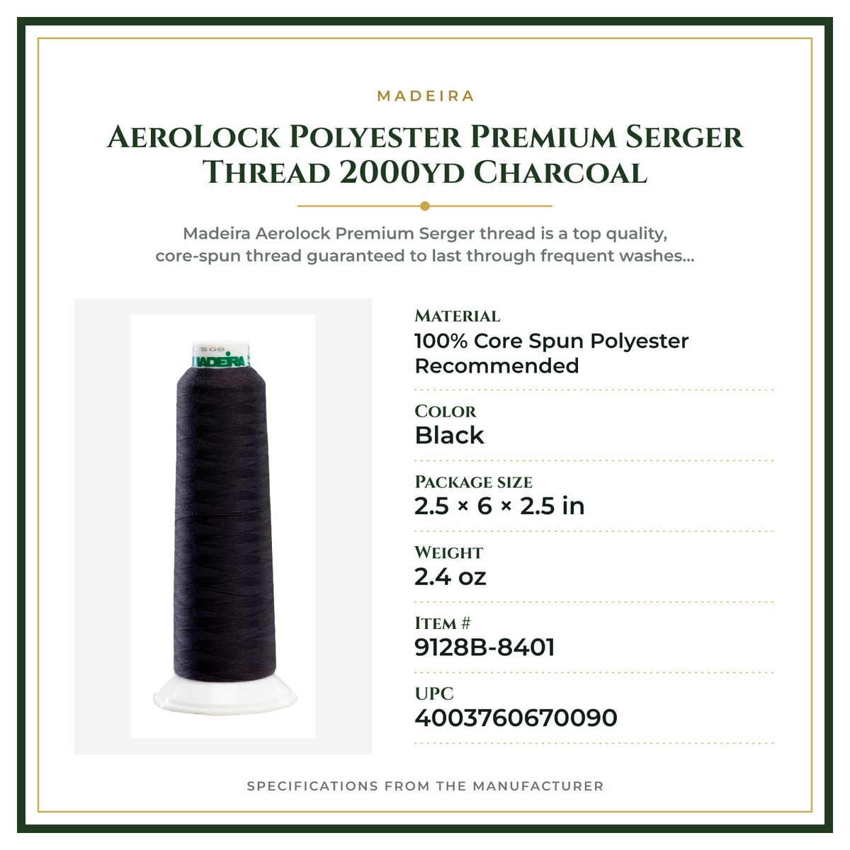 Product Specifications – AeroLock Polyester Premium Serger Thread 2000yd Charcoal