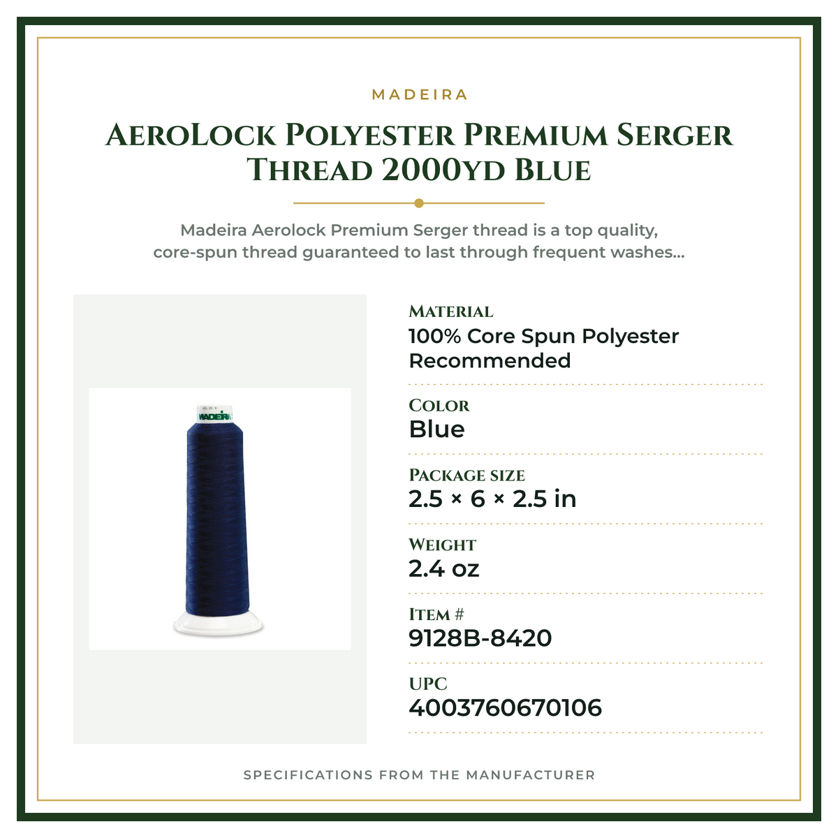 Product Specifications – AeroLock Polyester Premium Serger Thread 2000yd Blue