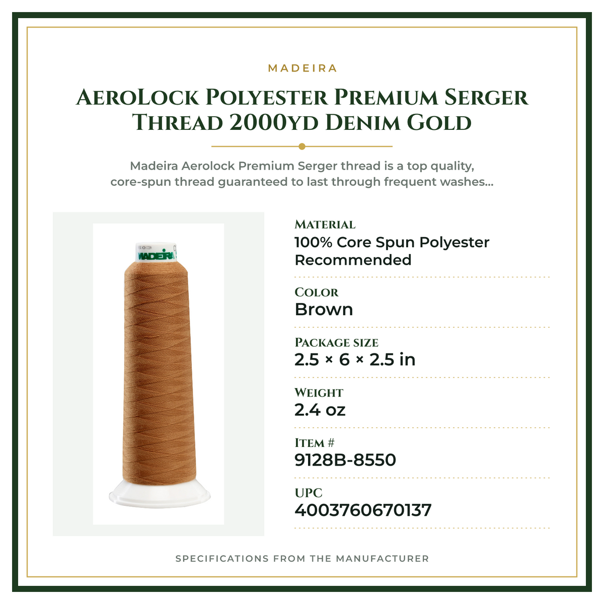 Product Specifications – AeroLock Polyester Premium Serger Thread 2000yd Denim Gold