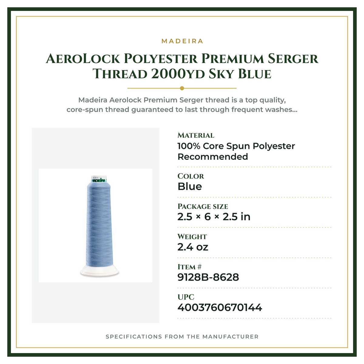 Product Specifications – AeroLock Polyester Premium Serger Thread 2000yd Sky Blue
