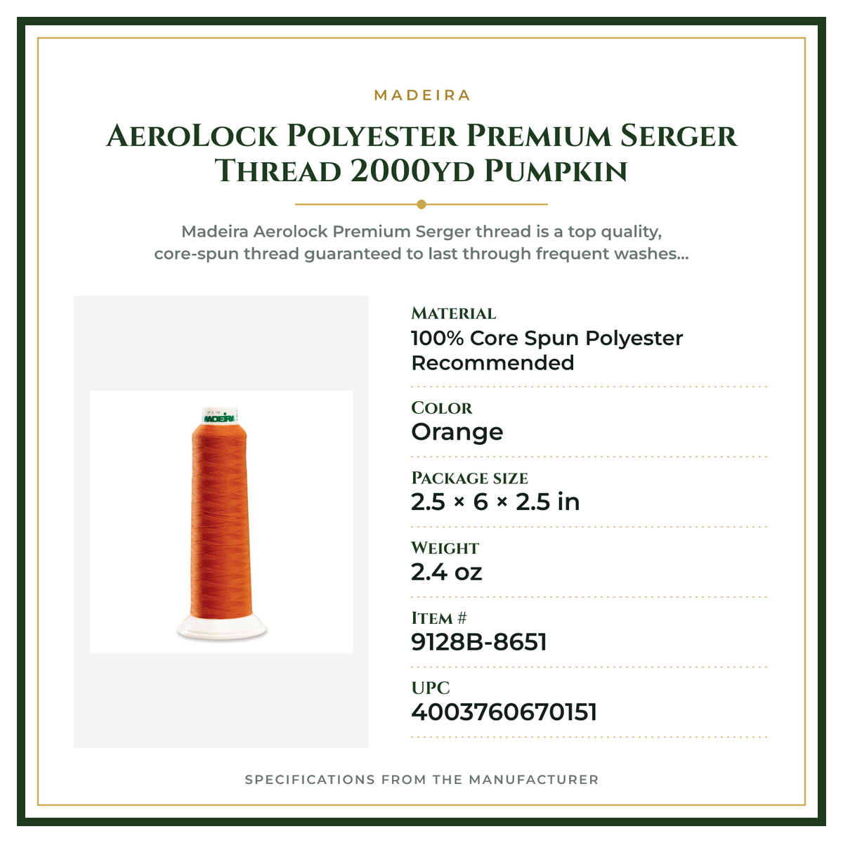 Product Specifications – AeroLock Polyester Premium Serger Thread 2000yd Pumpkin