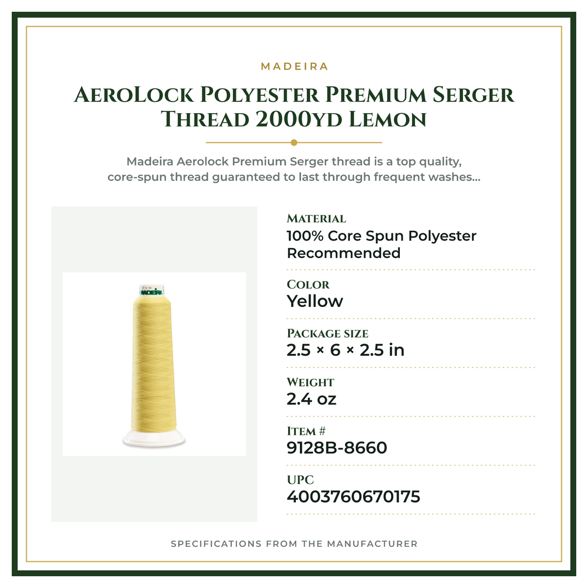 Product Specifications – AeroLock Polyester Premium Serger Thread 2000yd Lemon