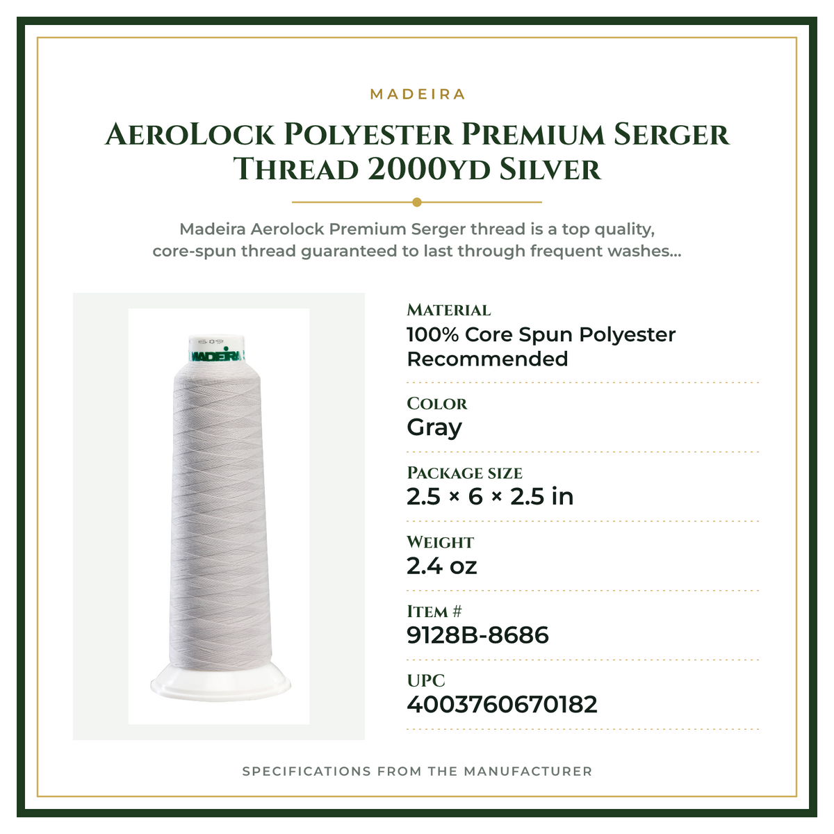 Product Specifications – AeroLock Polyester Premium Serger Thread 2000yd Silver