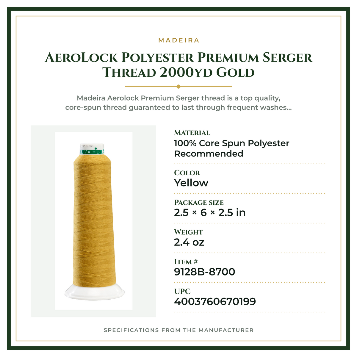 Product Specifications – AeroLock Polyester Premium Serger Thread 2000yd Gold