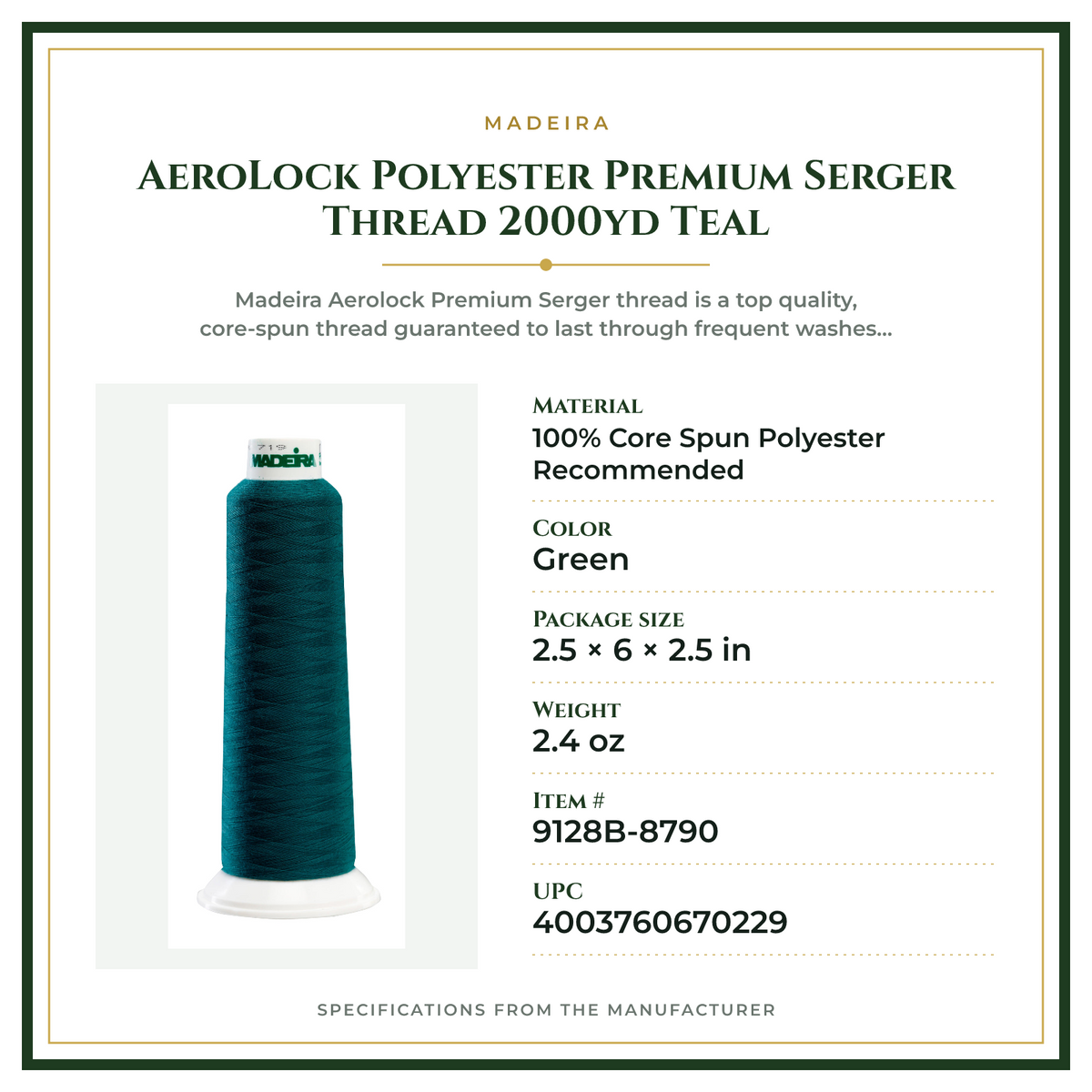 Product Specifications – AeroLock Polyester Premium Serger Thread 2000yd Teal