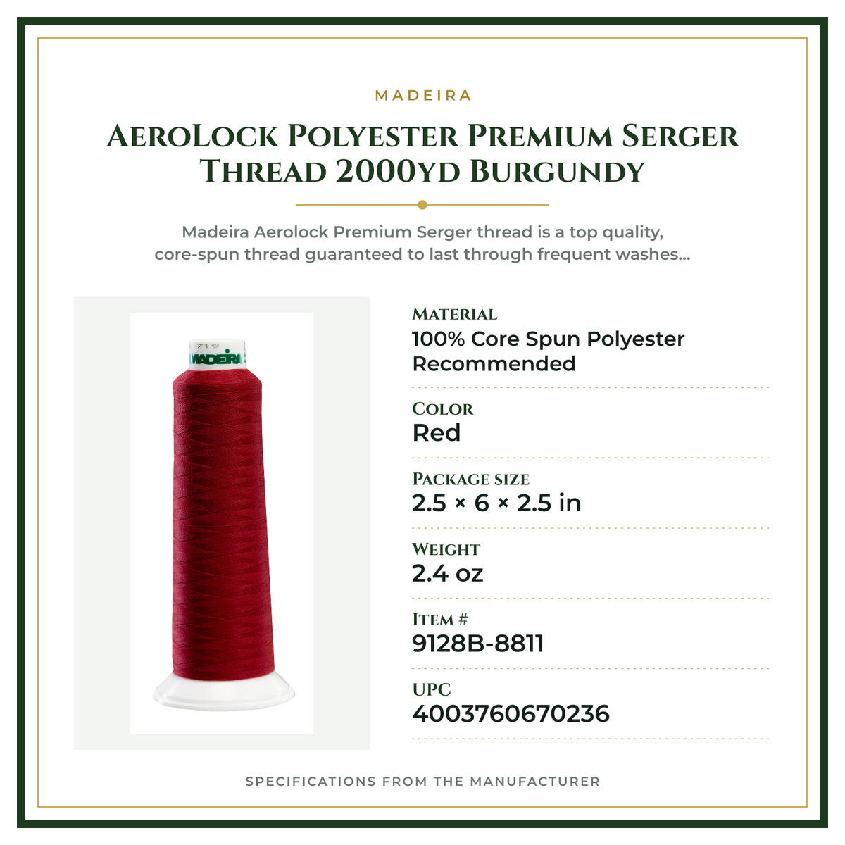 Product Specifications – AeroLock Polyester Premium Serger Thread 2000yd Burgundy